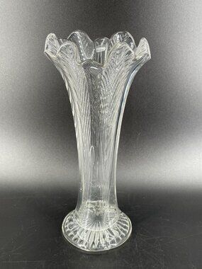 Antique Jefferson Glass Ribbed Feather Ruffle Clear Swung Vase